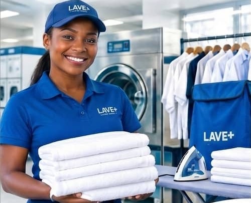 Visuel LAVE+ présentant du linge propre dans une blanchisserie